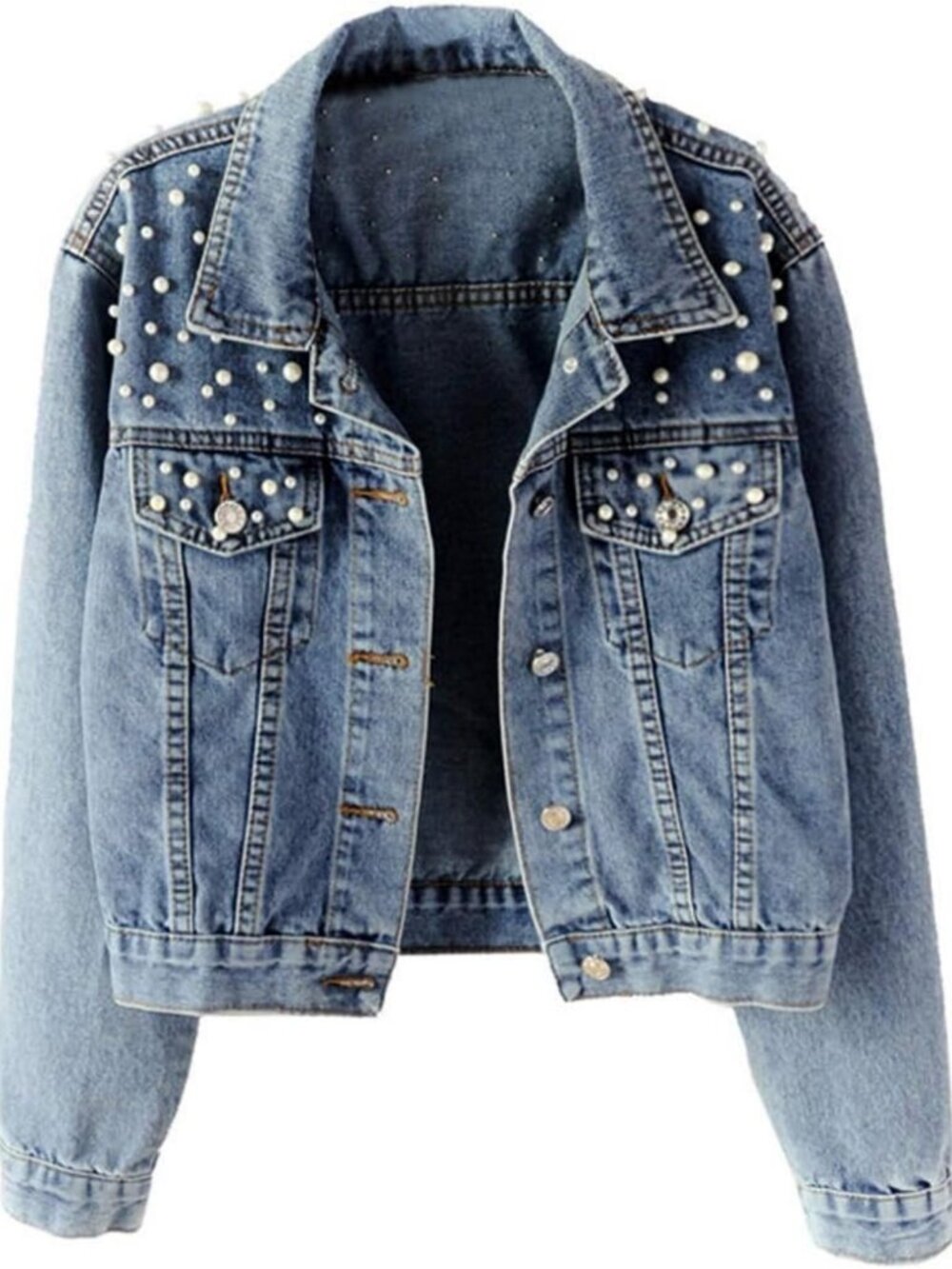 Oversized Denim Jacket with Embroidery & Pearl Beading - Stylish Jeans Coat for